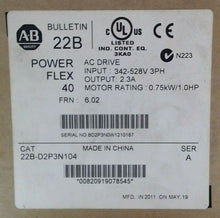 Load image into Gallery viewer, AB ROCKWELL 22B-D2P3N104 SERIES A POWERFLEX 40 AC DRIVE 0.75KW/1HP *FREE SHIP*
