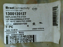 Load image into Gallery viewer, MOLEX WOODHEAD 332020A01F200 / 1300120127 CORDSET DOUBLE ENDED 12 POLE 20' *FSHP