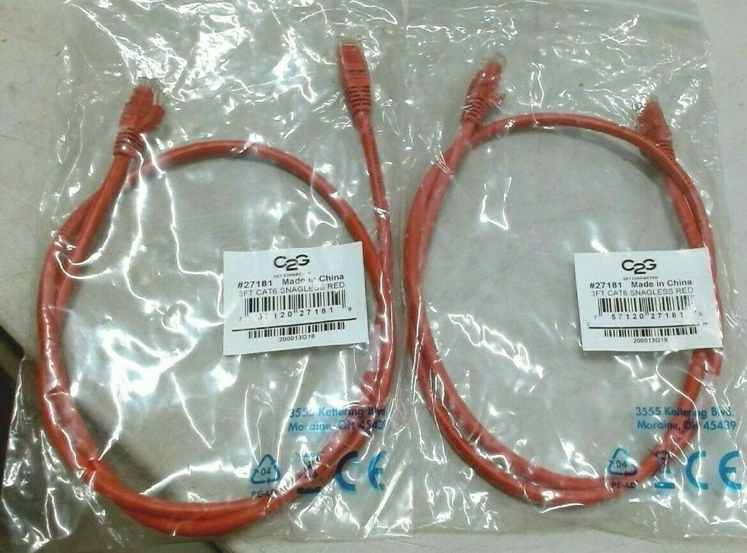 LOT/2 C2G 27181 ENET CABLE SNAGLESS UNSHIELDED UTP PATCH CABLE MOLDED RED 3' *FS