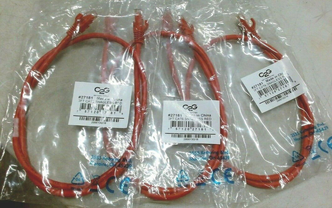 LOT/3 C2G 27181 ENET CABLE SNAGLESS UNSHIELDED UTP PATCH CABLE MOLDED RED 3' *FS