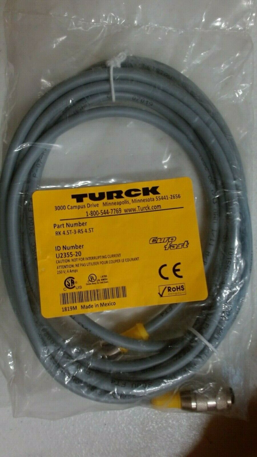 TURCK RK4.5T-3-RS 4.5T EUROFAST CABLE 5PIN MALE & FEMALE ENDS -FREE SHIPPING