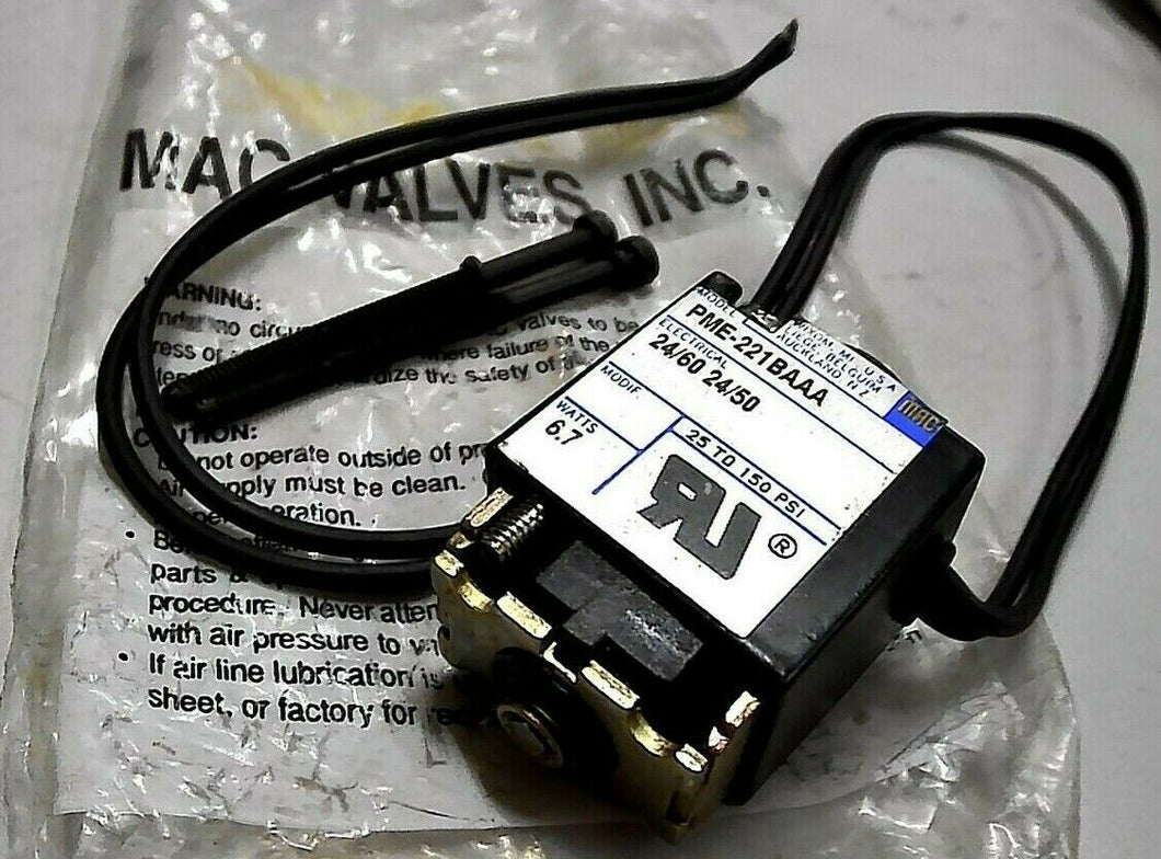 MAC VALVES PME-221BAAA SOLENOID PILOT VALVE 24V 50/60HZ 6.7W 25-150PSI *FR SHIP*