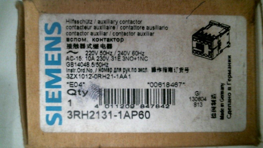 SIEMENS 3RH2131-1AP60 AUXILLARY CONTACTOR 240V, 60HZ -FREE SHIPPING