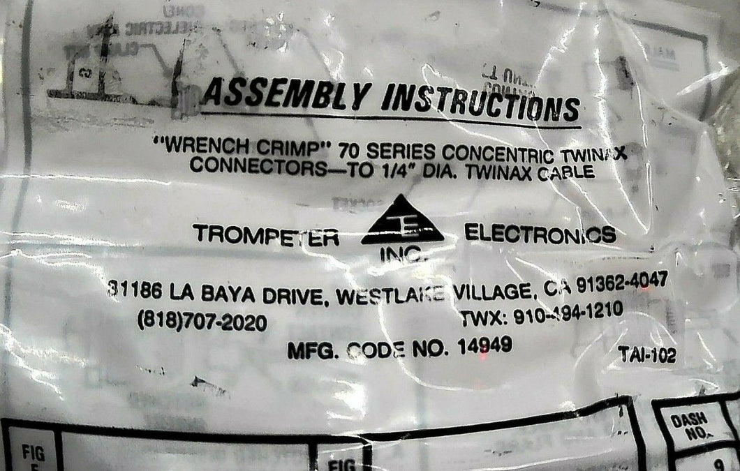 TROMPETER ELECTRONICS 14949 TERMINAL CONNECTOR RF/COAXIAL STRAIGHT 82.5OHM *FRSH