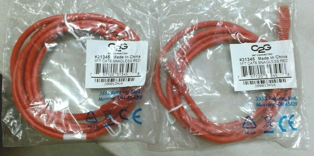 LOT/2 C2G 31345 ENET CABLE SNAGLESS UNSHIELDED UTP 5' CAT6 NETWORK PATCH RED *FS