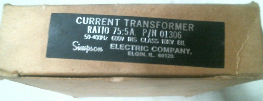 SIMPSON ELECTRIC CO. 01306 CURRENT TRANSFORMER RATIO75:5A 50-400HZ 600V-FREESHIP