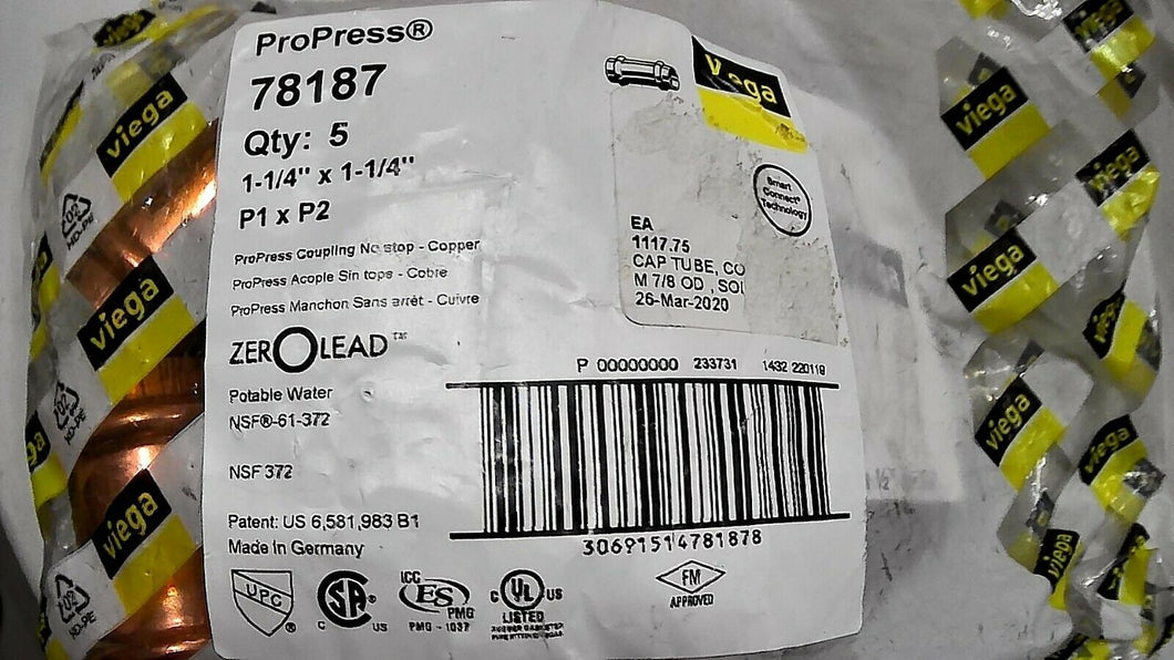 (LOT OF 5) VIEGA 78187 PROPRESS COUPLING NO STOP-COPPER 1-1/4