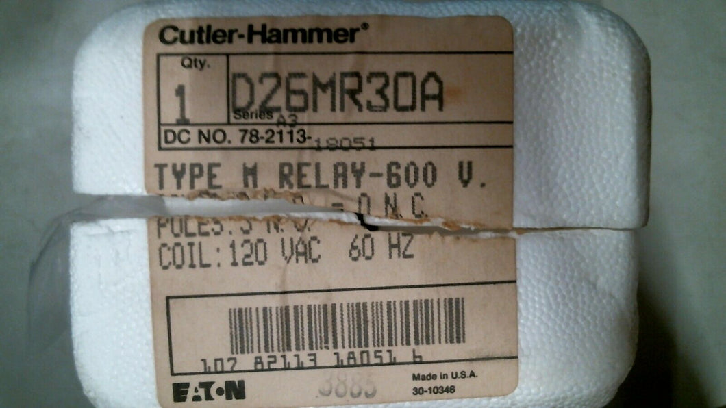 CUTLER HAMMER D26MR30A RELAY TYPE M 600V 3P 120VAC 60HZ -FREE SHIPPING