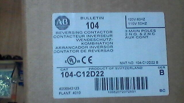 Allen Bradley 104-C12D22 /B  Reversing Contactor 120V coil free shipping